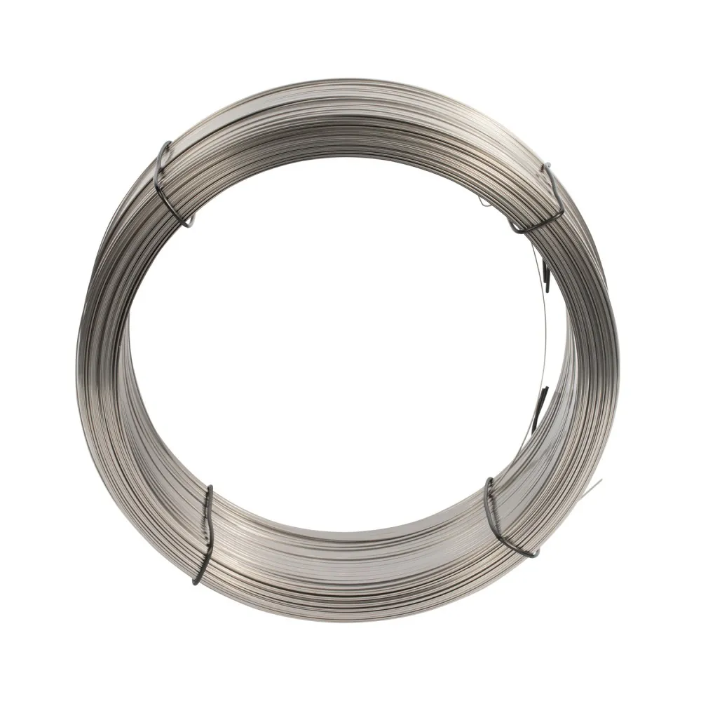 Angled view of cold rolled stainless steel flat wire coil secured with ties