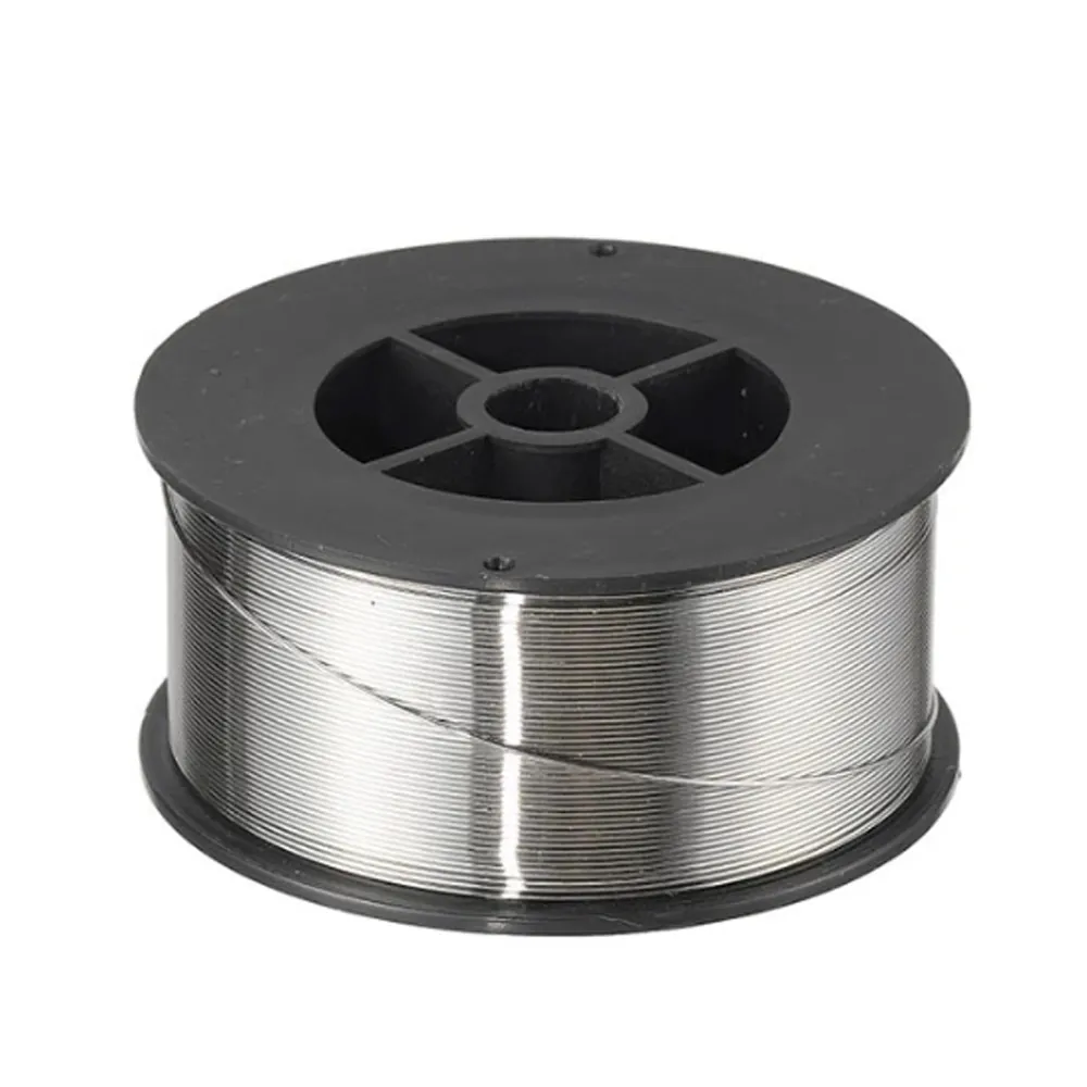 Fine silver stainless steel round wire wound on a black plastic spool against white background