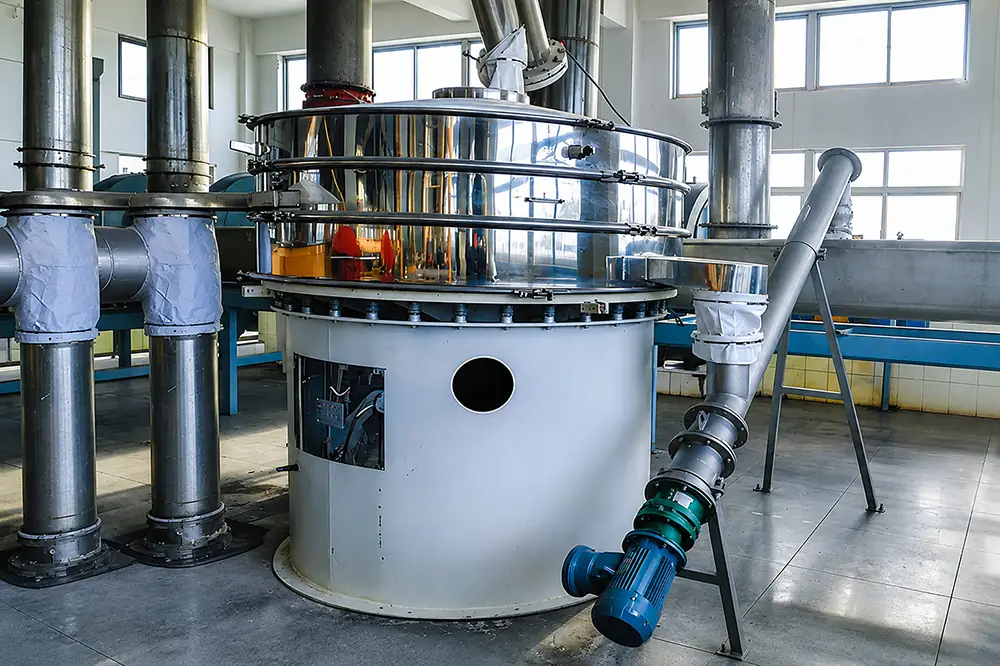 Industrial centrifugal sieve machine used for starch filtration and fiber separation in a food processing plant