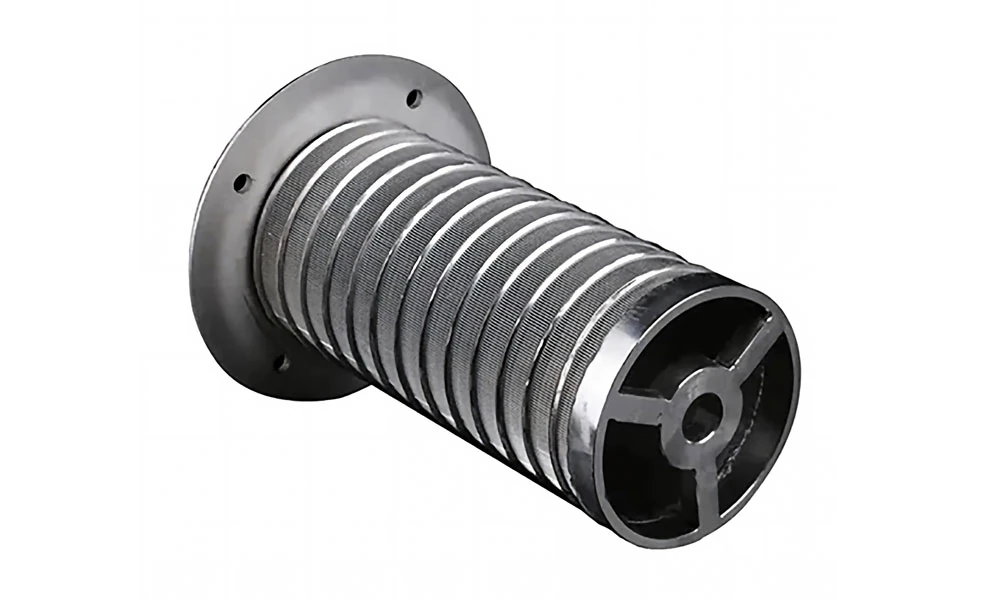 stainless steel wedge wire drum screen with v shaped slots for continuous industrial filtration and solid liquid separation.